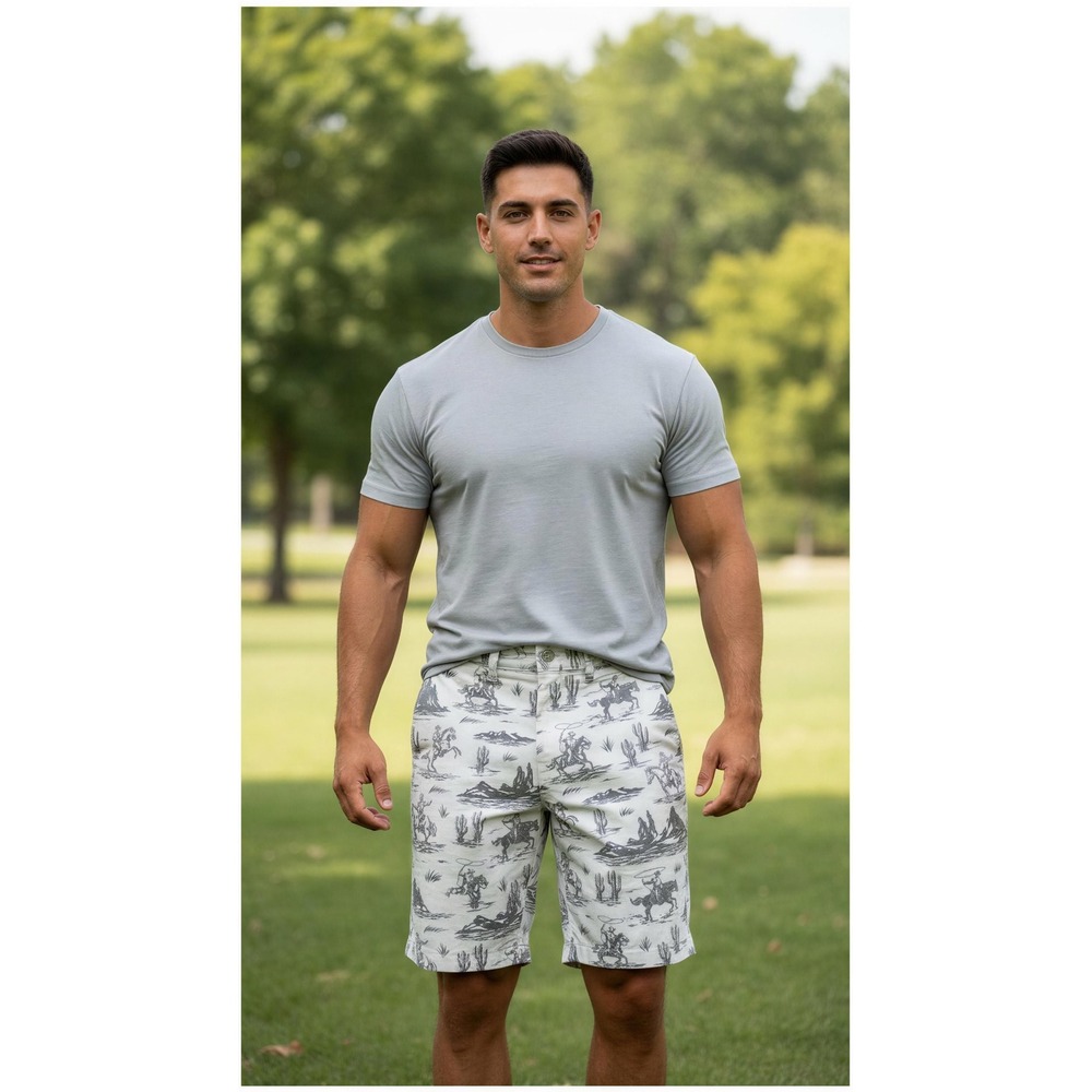 RSQ Mens Loose Fit Carpenter Shorts 29 Western Cowboy Toile Print Grey Cream
